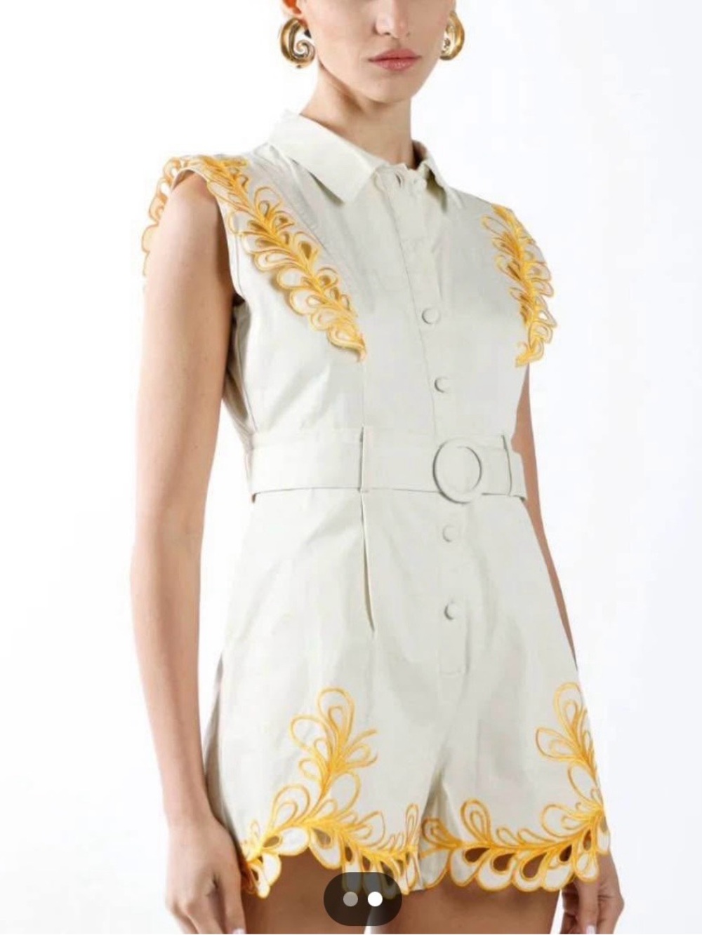 Bleulah Style Sleeveless Cream Embroidered Belted Romper